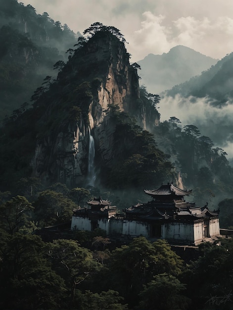 La majestuosa pagoda y el puente en las montañas de niebla