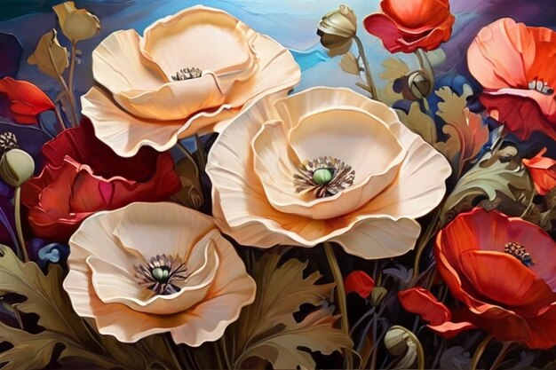 La majestuosa pintura de la flor de la amapola con una rica paleta de colores