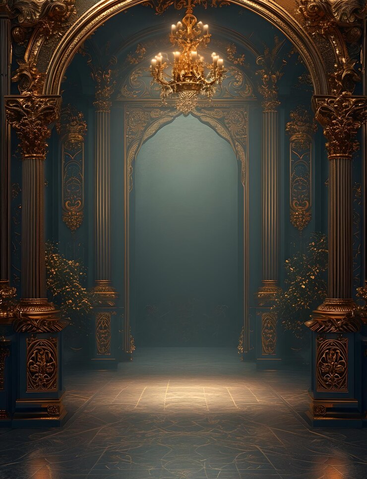 La majestuosa Puerta del Palacio de Oro con Niebla Mística Arquitectura Ornada Ambiento de Fantasía Ideal para