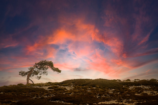 Majestuosa puesta de sol en el paisaje de las montañas