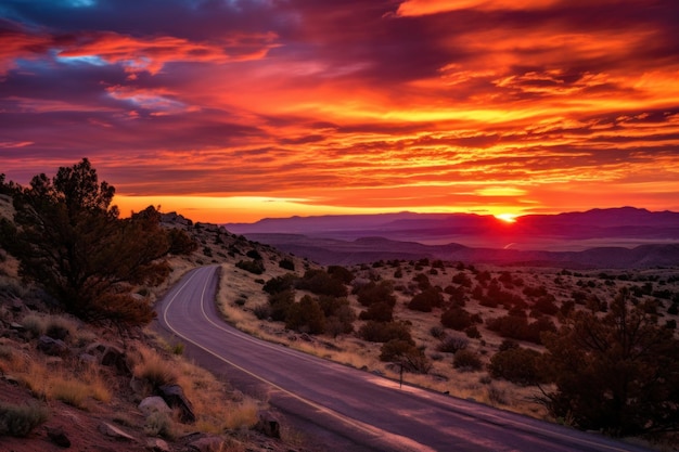 La majestuosa puesta de sol sobre el camino del desierto