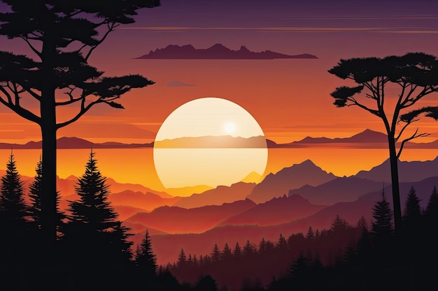 La majestuosa puesta de sol sobre el paisaje montañoso en capas