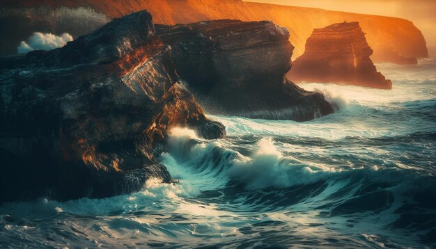 Majestuosa puesta de sol sobre rocas marinas erosionadas de los Doce Apóstoles generadas por IA