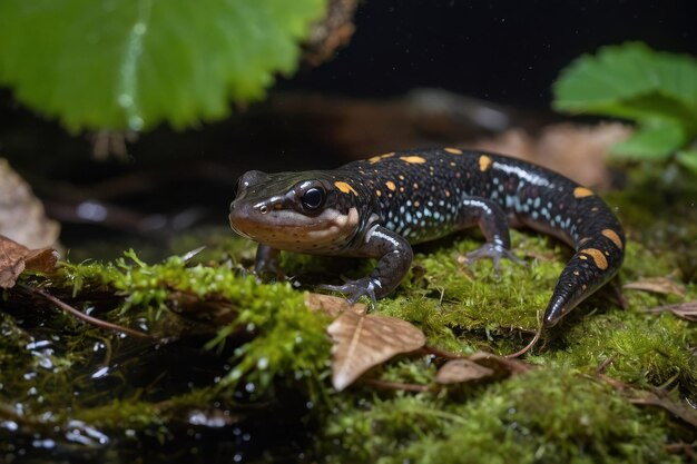 Foto la majestuosa salamandra en el terreno de musgos