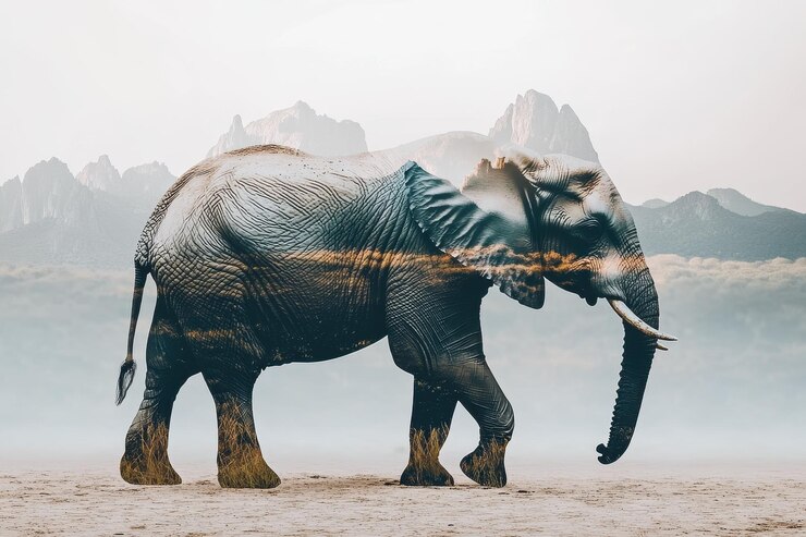 La majestuosa silueta de un elefante frente a un paisaje sereno con montañas y nubes