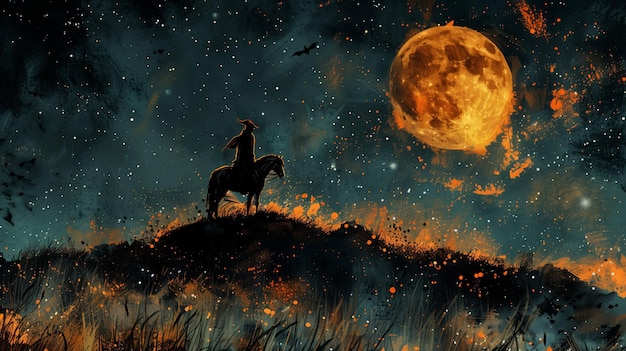 La majestuosa silueta de un jinete a caballo bajo una luna llena brillante