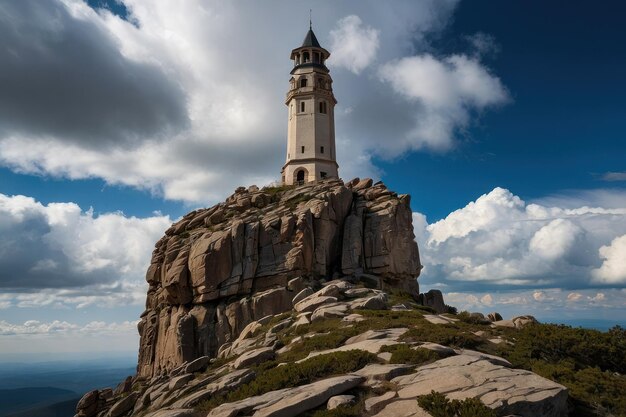 La majestuosa torre del castillo sobre el paisaje cubierto de nubes