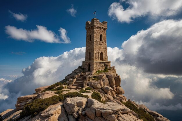 La majestuosa torre del castillo sobre el paisaje cubierto de nubes