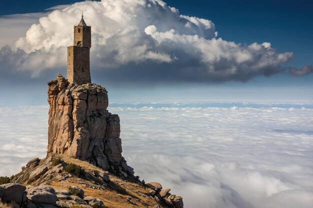 La majestuosa torre del castillo sobre el paisaje cubierto de nubes