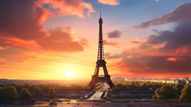 la majestuosa Torre Eiffel contra el cielo del atardecer