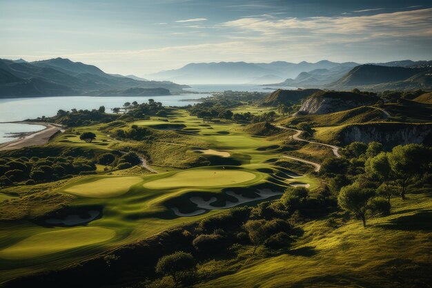 Majestuosa Vista Aérea del Campo de Golf generativa IA