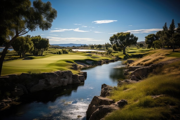 Majestuosa Vista Aérea del Campo de Golf generativa IA