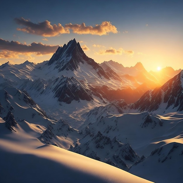 Una majestuosa vista del cielo matinal con el sol saliendo sobre los picos nevados de la montaña