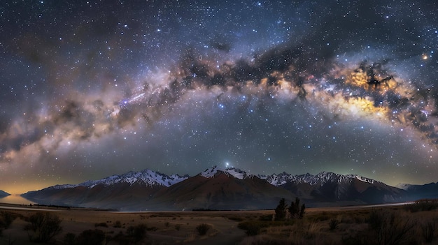 Una majestuosa vista del cielo nocturno con una brillante Vía Láctea sobre montañas cubiertas de nieve