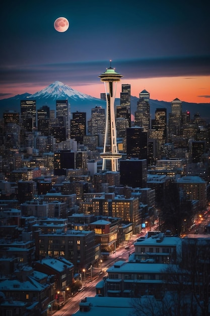 Una majestuosa vista nocturna de la aguja espacial y el icónico horizonte de Seattle