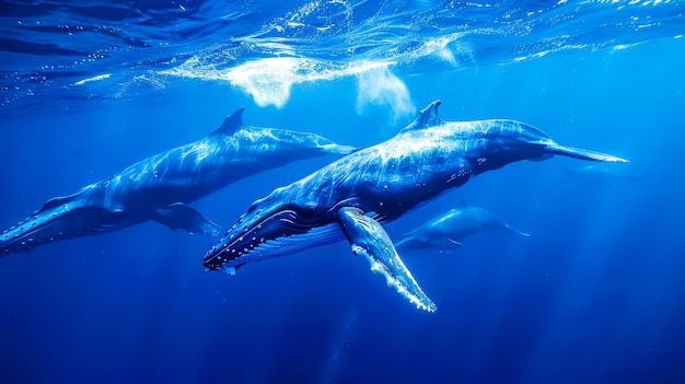 Las majestuosas ballenas nadan con los delfines bajo el agua.