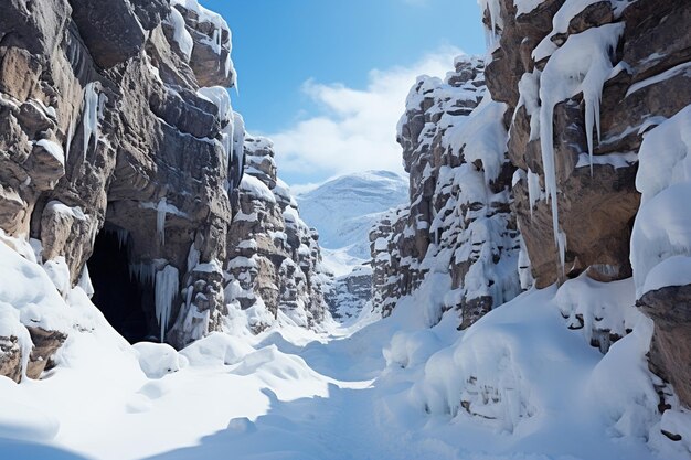 Las majestuosas cadenas montañosas rodean un tranquilo cañón cubierto de nieve bajo cielos claros y claros.