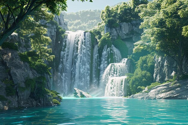 Foto las majestuosas cascadas se desploman en una piscina turquesa