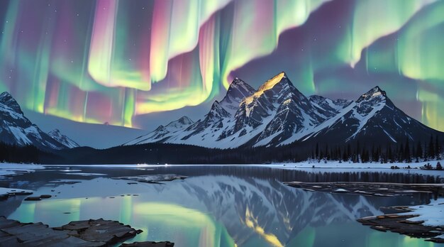 Foto majestuosas montañas nevadas y colorido cielo aurora