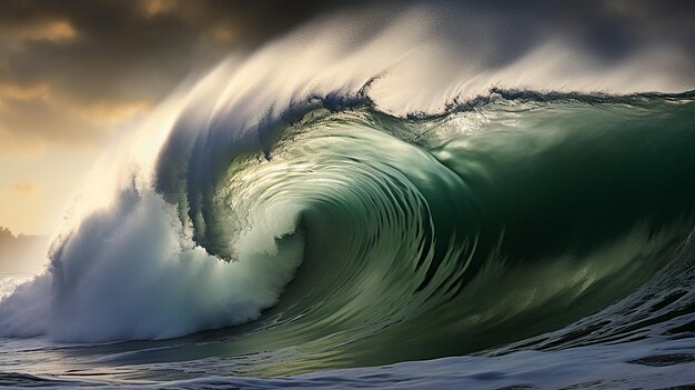 Foto las majestuosas olas de la tormenta la luz solar etérea atravesando el océano turbulento foto de stock