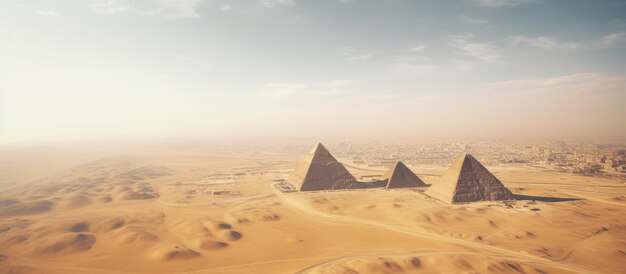 Foto las majestuosas pirámides de giza bajo el cielo dorado del desierto