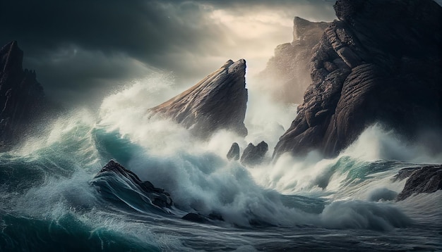 La majestuosidad de la naturaleza en exhibición Las olas turbulentas chocan con la IA generativa