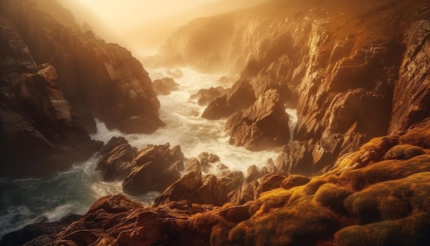 Majestuoso acantilado rompe olas salpicando en un tranquilo paisaje marino generado por IA