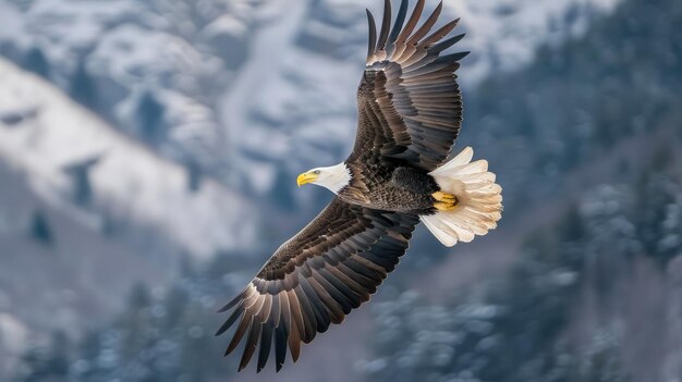 El majestuoso águila calva se eleva con las alas extendidas sobre la cordillera nevada de Pristine