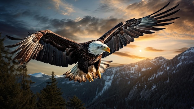 El majestuoso águila calva se eleva alto en el cielo con las alas abiertas