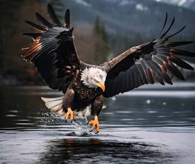 Foto el majestuoso águila calva se eleva sobre un río con el follaje de otoño alineando las orillas