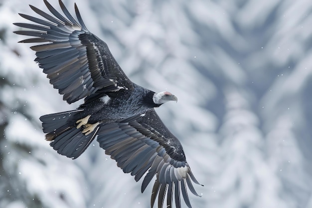 Foto el majestuoso águila calva en vuelo con un telón de fondo nevado