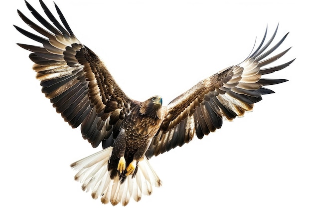 Un majestuoso águila dorada en vuelo contra un fondo blanco puro