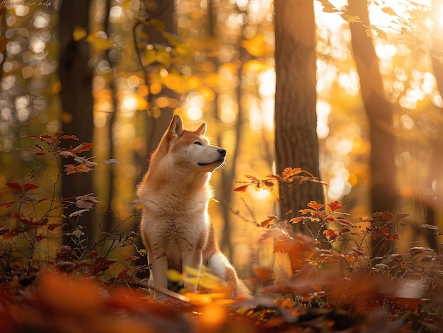 El majestuoso Akita sentado serenamente en un bosque exuberante