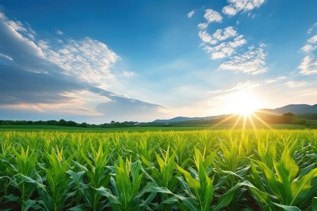 El majestuoso amanecer brilla sobre el exuberante campo de maíz