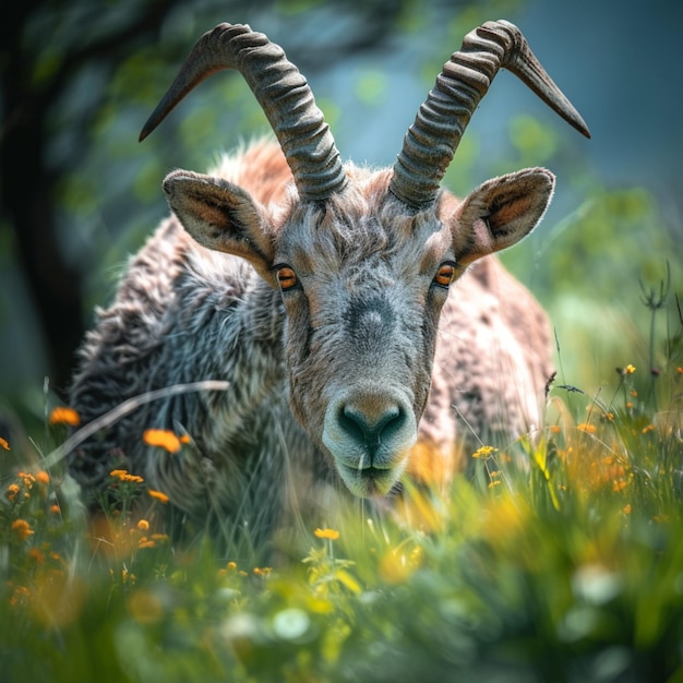 El majestuoso animal de cuernos grises pastorea pacíficamente en la exuberante hierba verde para las redes sociales