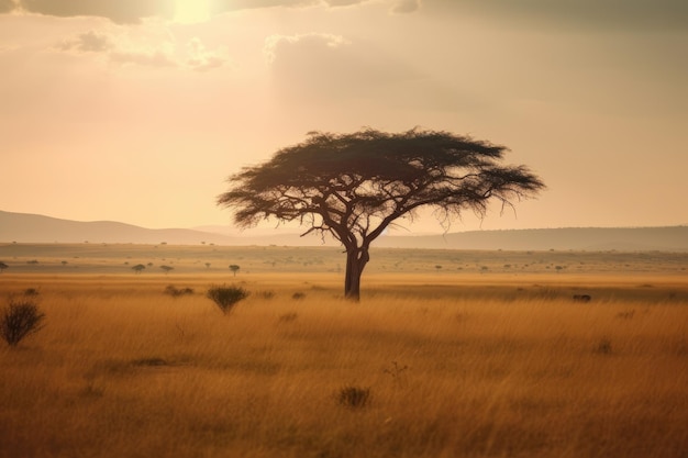 Majestuoso árbol de acacia con vistas a una sabana africana ondulada