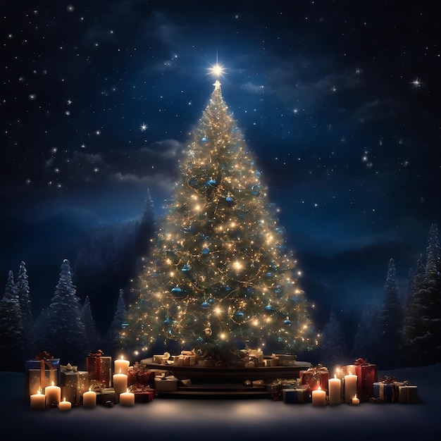 Un majestuoso árbol de Navidad adornado con estrellas titilantes y velas parpadeantes Ai Generated