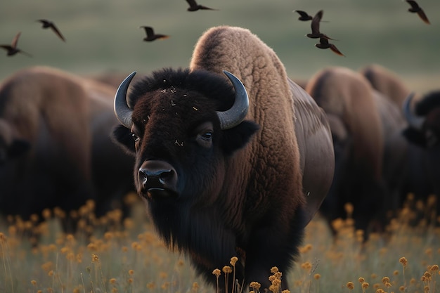 Majestuoso bisonte americano rodeado por una bandada de estorninos europeos en un exuberante prado IA generativa