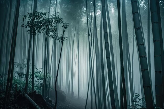 Majestuoso bosque de bambú con neblina y niebla en el aire