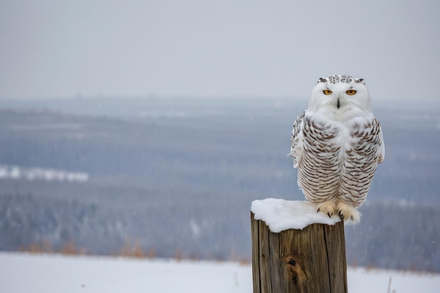 Foto el majestuoso búho de nieve se alza en una escena de invierno