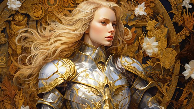 majestuoso caballero medieval hermosa muchacha guerrera en brillante armadura de fantasía dorada y plateada