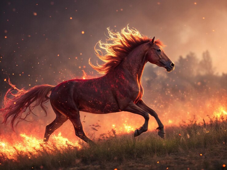 Un majestuoso caballo de fuego rojo galopando a través de un campo de llamas su melena y cola ardiendo como un incendio forestal iluminación cinematográfica ultra detallada arte de fantasía 3drendered alta resolución