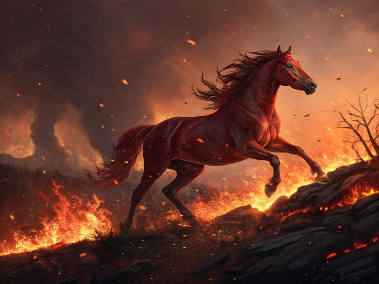 Un majestuoso caballo de fuego rojo galopando a través de un campo de llamas su melena y cola ardiendo como