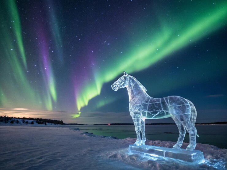 Un majestuoso caballo de hielo esculpido de cristal puro se encuentra en las brillantes luces del norte