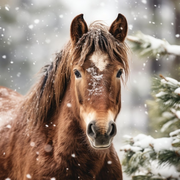 Un majestuoso caballo marrón se encuentra en la nieve, mirando directamente a la cámara. Esta cautivadora imagen inspirada en la naturaleza, capturada con una canon eos 5d mark iv, irradia una atmósfera festiva. con su alta calidad