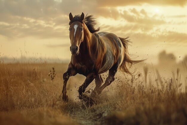 Foto el majestuoso caballo marrón galopando libremente en el campo iluminado por el atardecer dorado muestra de gracia y poder ecuestre