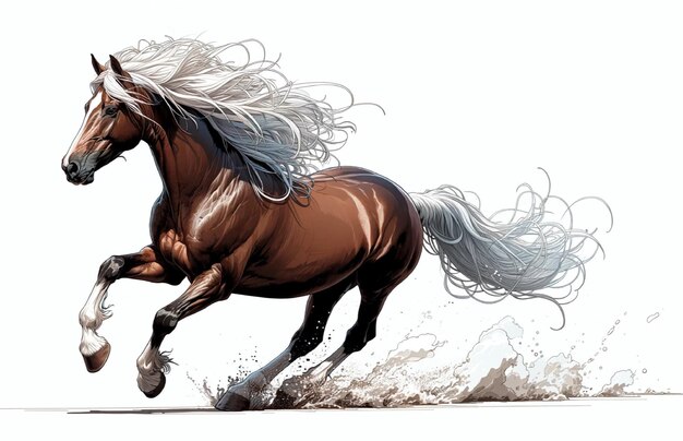 Foto un majestuoso caballo marrón con melena y cola blancas en pleno galope con su físico detallado y dinámico