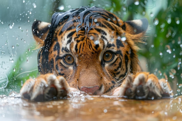 El majestuoso cachorro de tigre de Bengala se baña con una mirada intensa en el hábitat natural Retrato en primer plano con