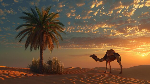 El majestuoso camello y la palmera de dátiles El icónico paisaje árabe