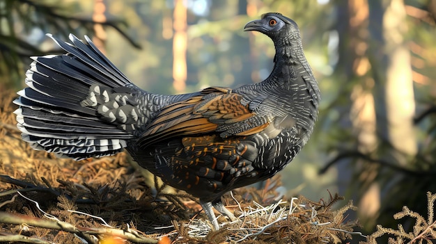 Un majestuoso capercaillie se alza en el bosque sus plumas brillan a la luz del sol